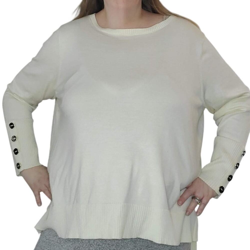 NEW Melissa Paige Plus 2X  Ivory Papyrus Button Cuff Boat Neck Sweater Preppy